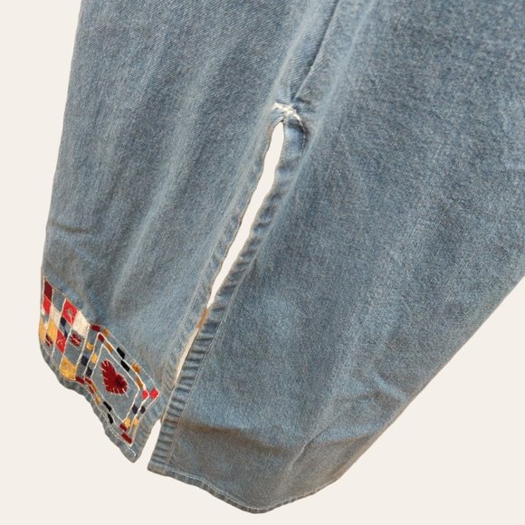 Vintage 1990s Celestial Heart Jumper Dress Chambray Applique Folk Art Grunge 8 - Picture 7 of 13